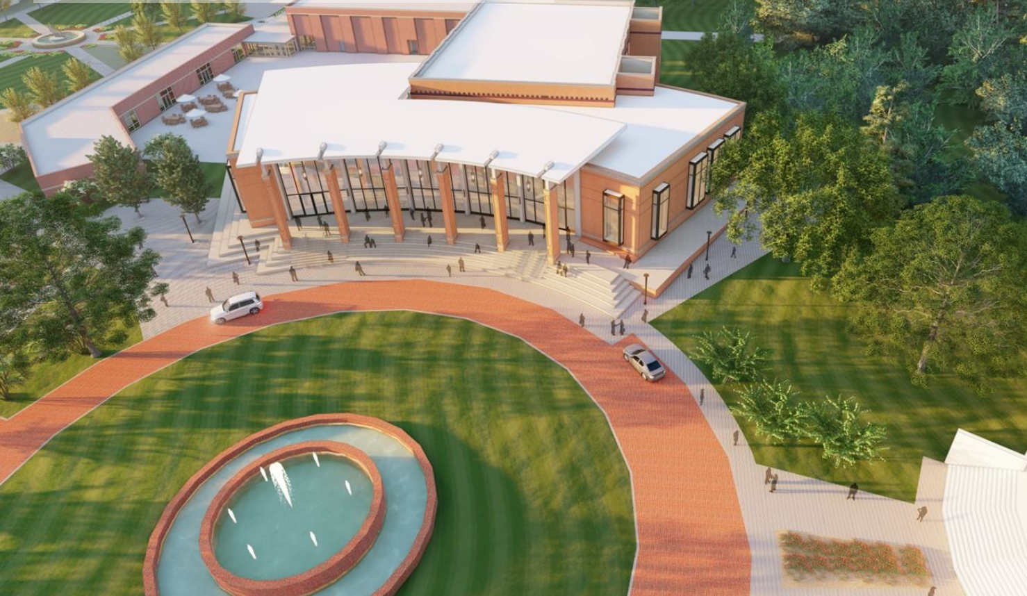 A rendering depicting the potential student union, attached to MacLean Gymnasium