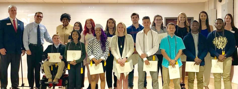 Alpha Phi Sigma held its charter member induction ceremony in the spring 2019 semester. (Left to right): Vice President for Academic Affairs Dr. Sid Parrish, Dr. Patrick Beatty, Jacob Rhoad, Social and Behavioral Sciences Department Chair Dr. Vinetta Witt, Cierra Negron, Denelle Williams, Jade McDowell, Jessica Johnson, Megan Clark, Kendall Tipton, Timothy Martinez, Eric Brody, Katie Hayes, Jon Saullo, Madison Bauknight, Malik Whitfield, Mary Siebert, Jaquez Hartwell, Assistant Professor of Criminal Justice Dr. Cynthia Eshleman. Not pictured: Austin Crocker.