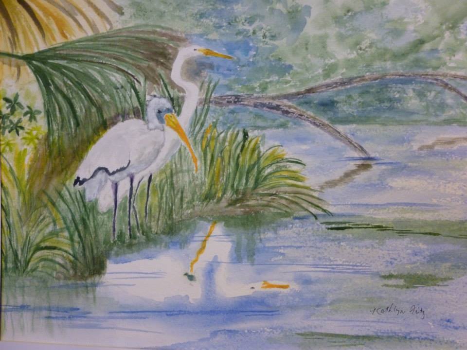 Painting of egrets at a creek